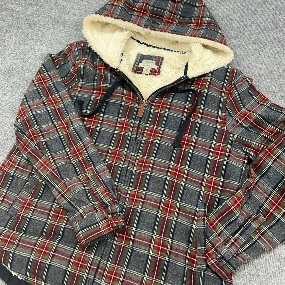 L.L. Bean Red and Gray Plaid Sherpa-Lined Utility Jacket